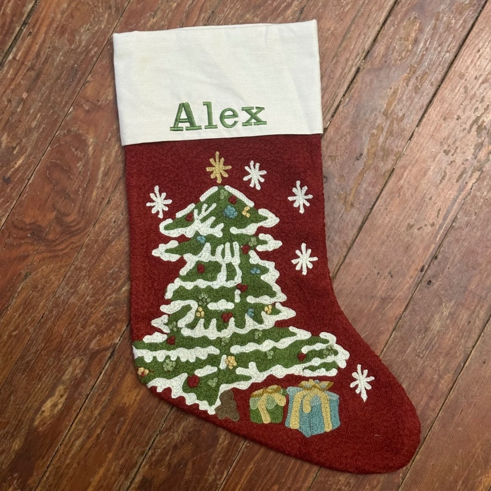 Pottery Barn Alex Personalized Crewel Embroidered Christmas Tree Stocking Red